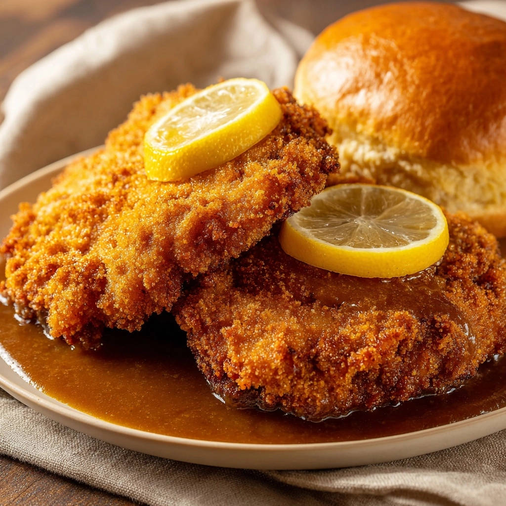 Knuspriges Bratensoen Schnitzel Serviert 1 Knuspriges Bratensoßen-Schnitzel serviert mit Zitronenscheiben und Bratensoße auf einem Teller, serviert neben einem Brötchen.