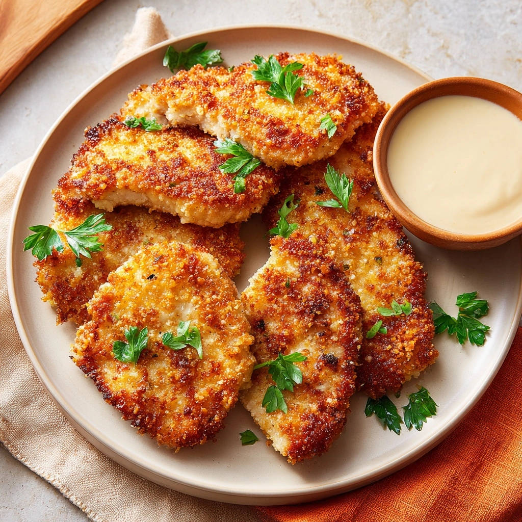 Knuspriges Hahnchenschnitzel Serviert Von Oben 1 Knuspriges Hähnchenschnitzel, serviert auf einem Teller mit cremigem Dip und frischer Petersilie, aus der Vogelperspektive.