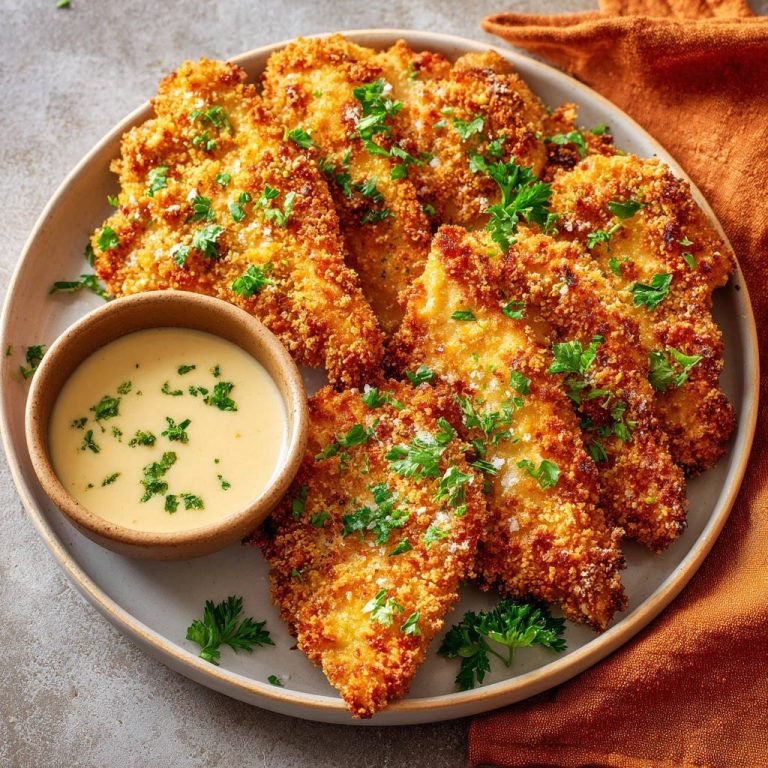 Knuspriges Hähnchenschnitzel mit Cremigem Dip, serviert auf einem Teller, garniert mit frischer Petersilie und einer cremigen Sauce.