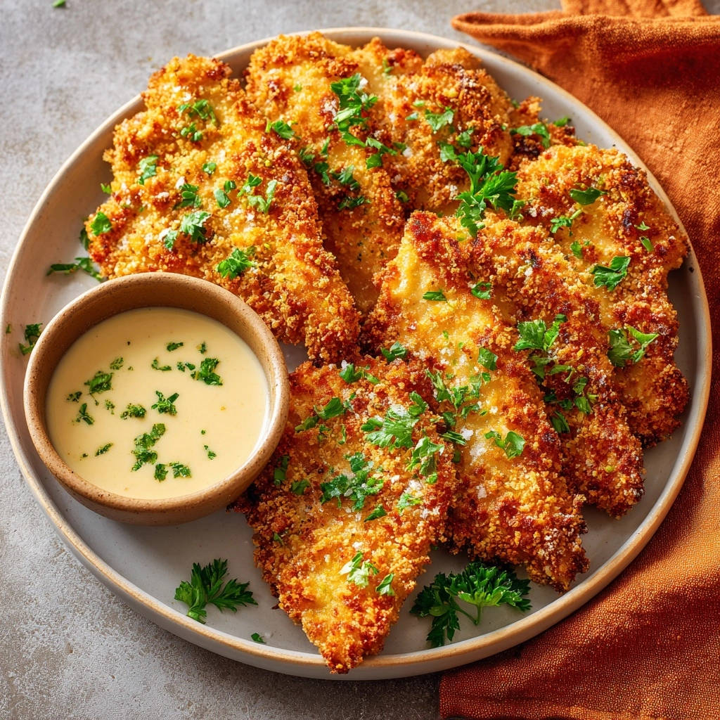 Knuspriges Hähnchenschnitzel mit Cremigem Dip, serviert auf einem Teller, garniert mit frischer Petersilie und einer cremigen Sauce.
