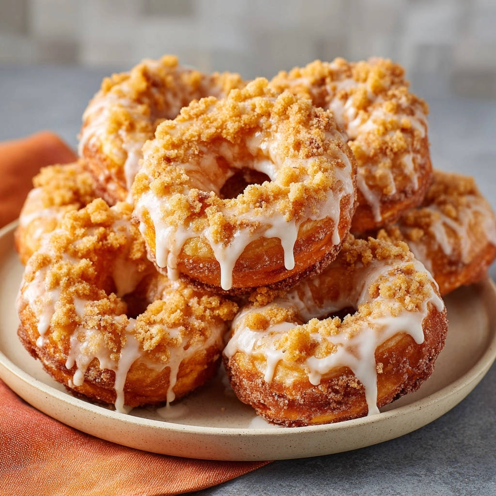 Koestliche Crumble Donuts Mit Glasur Draufsicht 1 Köstliche Crumble Donuts mit Glasur, gestapelt auf einem Teller, zeigen eine verlockende Draufsicht auf die frisch gebackenen Donuts.