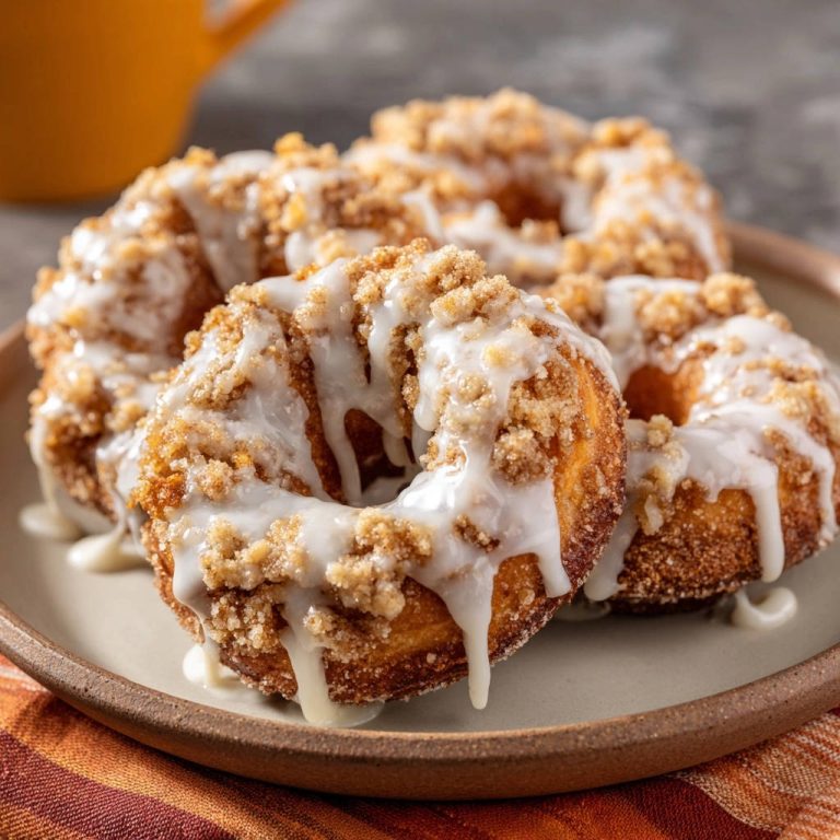 Köstliche Crumble Donuts mit Glasur in Nahaufnahme, verziert mit Streuseln und cremigem Guss, serviert auf einem rustikalen Teller.
