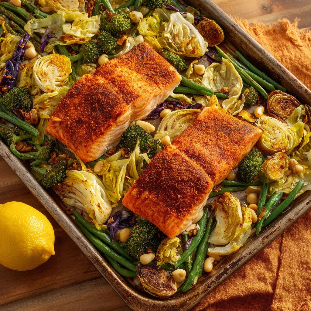 Lachs Gemuese Blech Aus Dem Ofen Draufsicht 1 Lachs-Gemüse-Blech aus dem Ofen, mit knusprigem Lachs und geröstetem Gemüse, draufsicht auf einem Backblech angerichtet.