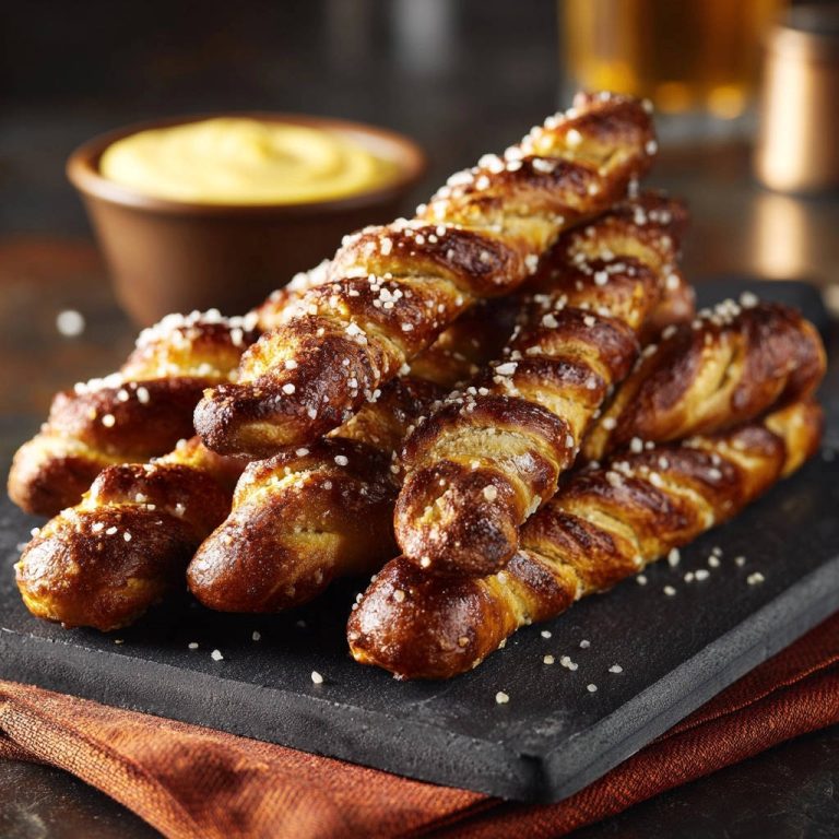 Laugen-Twists wie vom Bäcker, serviert auf einem dunklen Brett, mit grobem Salz bestreut, zeigen eine köstliche Textur und Bräune.