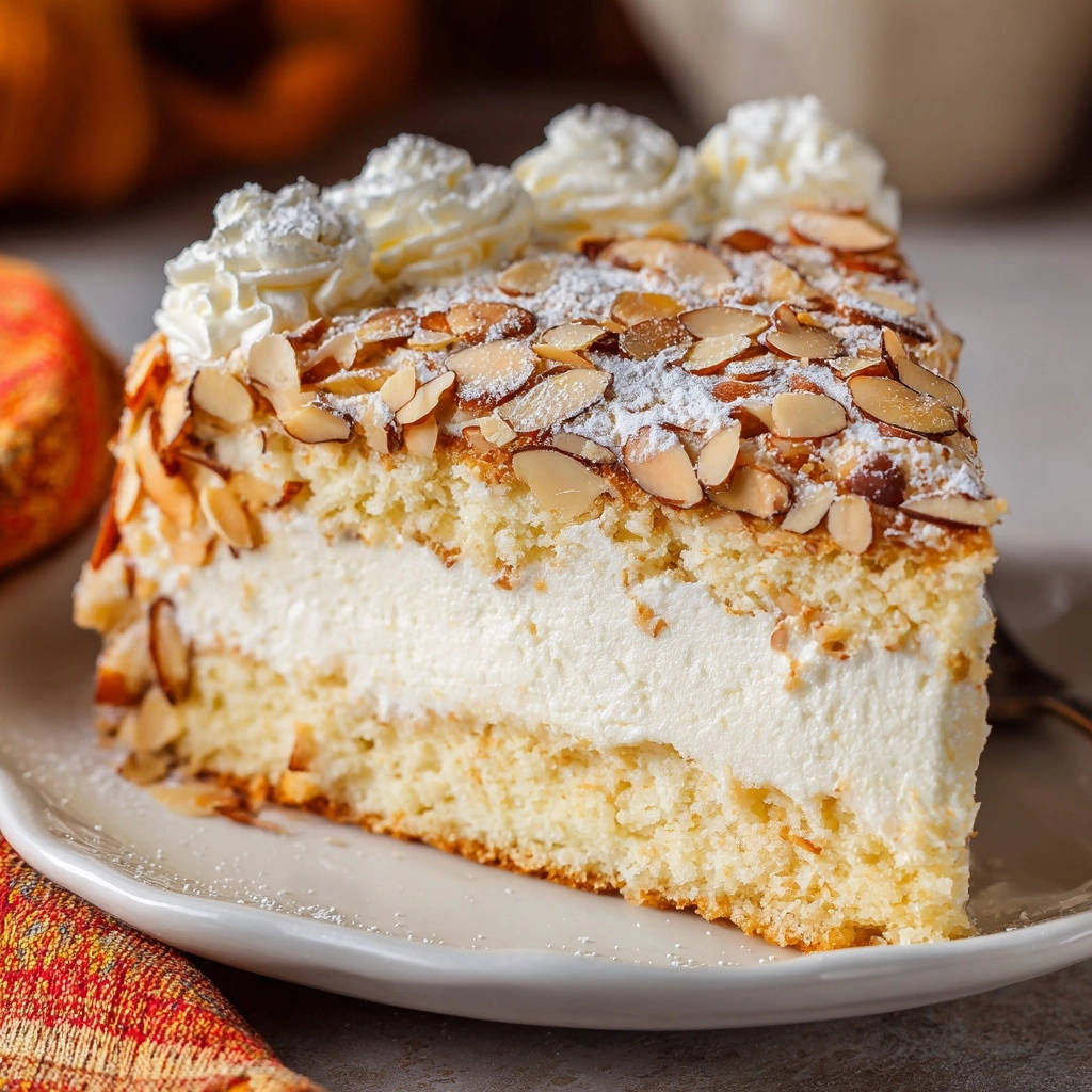 Mandel Sahnetorte Querschnitt Nahaufnahme 1 Mandel-Sahnetorte mit Mandelblättchen und Sahne. Dieser Nahaufnahme-Querschnitt zeigt die cremige Füllung und den luftigen Teig.