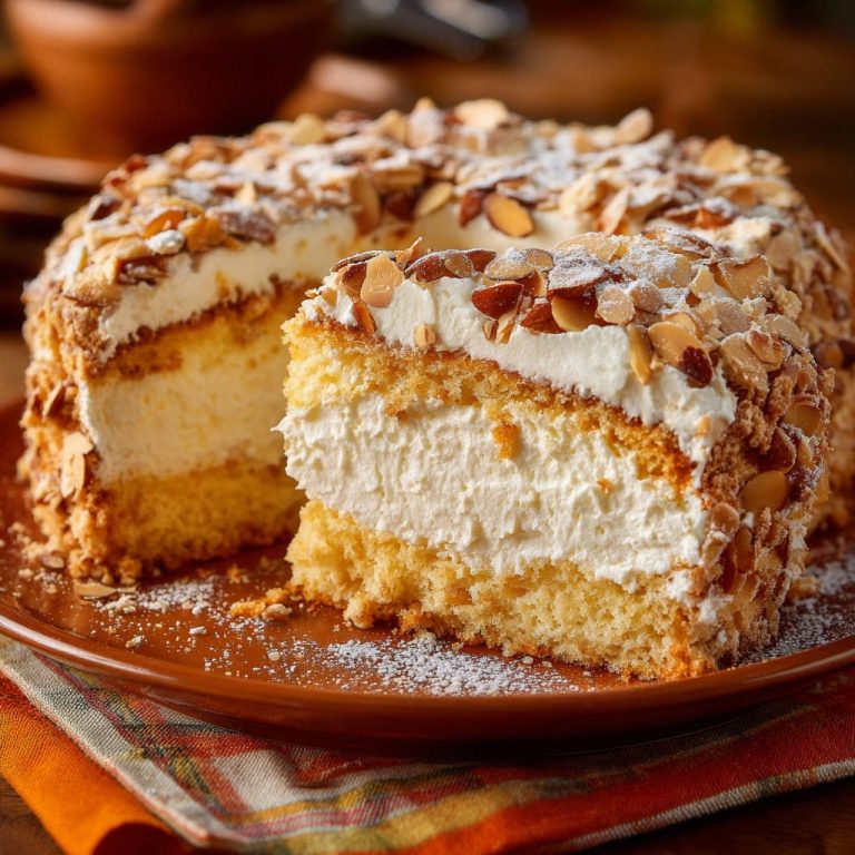 Mandel-Sahnetorte mit Mandelblättchen: Eine Nahaufnahme des Anschnitts zeigt die perfekte, standfeste Cremefüllung.