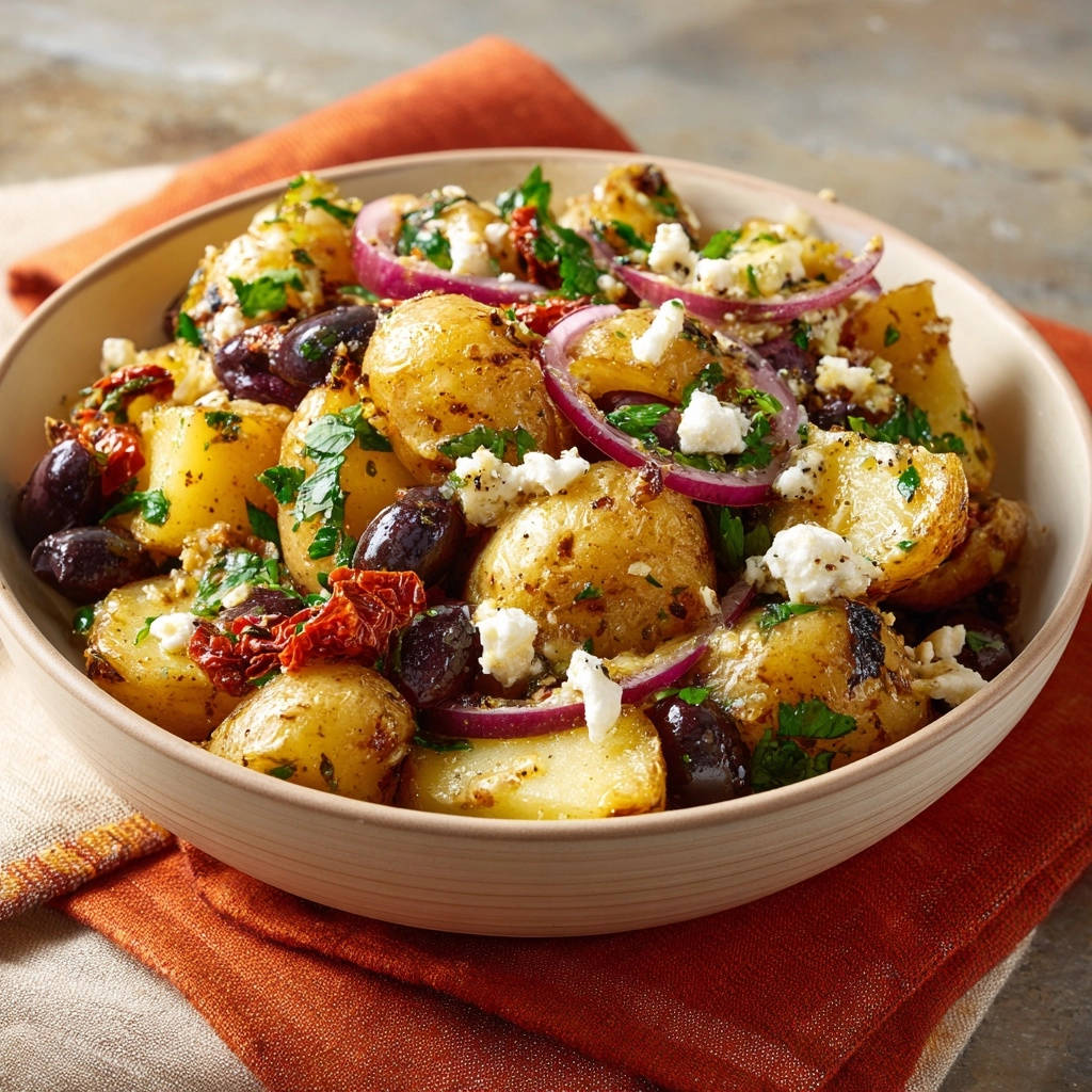 Mediterraner Kartoffelsalat Draufsicht 1 Mediterraner Kartoffelsalat in einer Schüssel aus der Vogelperspektive, garniert mit roten Zwiebeln, Oliven und Feta. Die mediterrane Kartoffelsalat-Kreation ist ein wahrer Genuss.
