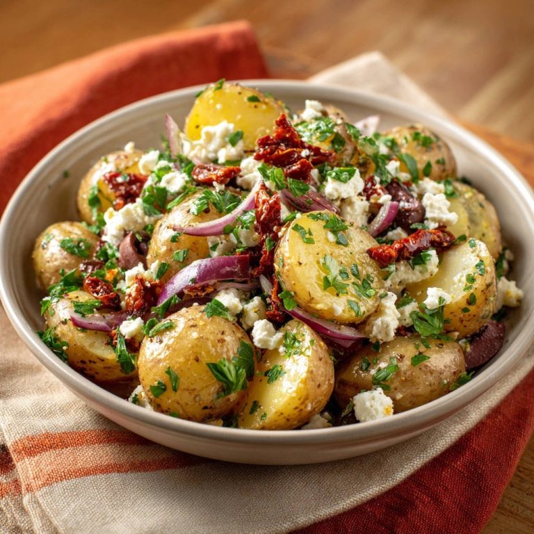 Mediterraner Kartoffelsalat in einer Schüssel serviert, mit frischen Kräutern, Feta, Oliven und sonnengetrockneten Tomaten garniert.