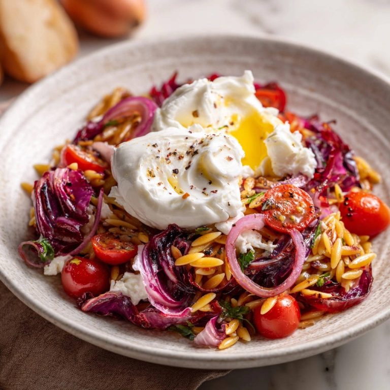 Mediterraner Orzo-Salat mit cremiger Burrata, draufsicht. Der leckere Salat mit Tomaten, Radicchio, roten Zwiebeln und cremigem Burrata ist servierfertig.