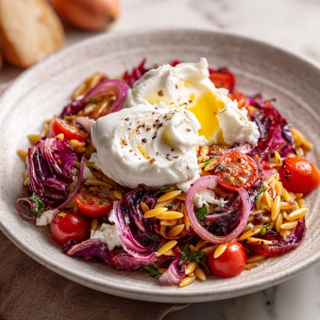 Mediterraner Orzo-Salat mit cremiger Burrata, draufsicht. Der leckere Salat mit Tomaten, Radicchio, roten Zwiebeln und cremigem Burrata ist servierfertig.