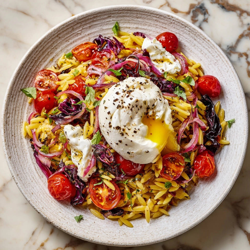 Mediterraner Orzo Salat Mit Burrata Draufsicht 1 Mediterraner Orzo-Salat mit cremiger Burrata, serviert in einer Schüssel, mit einem perfekt pochierten Ei und frischen Tomaten von oben.
