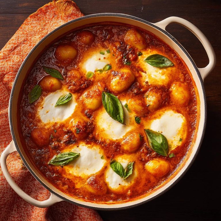 Ofen-Gnocchi mit Rinderhack-Tomatensoße & Mozzarella in der Draufsicht: Ein köstliches Gericht mit geschmolzenem Käse und frischem Basilikum.