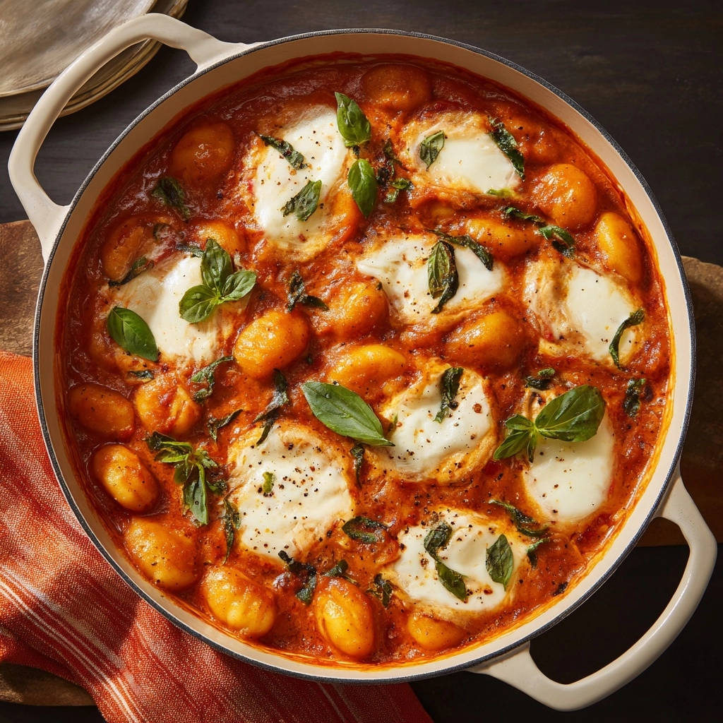 Ofen Gnocchi Mit Rindhack Tomaten Mozzarella Draufsicht 1 Ofen-Gnocchi mit Rinderhack-Tomatensoße & Mozzarella in einer Pfanne von oben betrachtet, mit frischem Basilikum garniert.