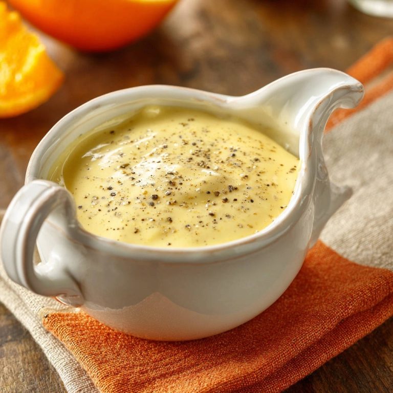 Orangen-Pfeffer-Hollandaise, perfekt cremig in einer Sauciere serviert, mit frisch gemahlenem Pfeffer bestreut und bereit zum Genießen.