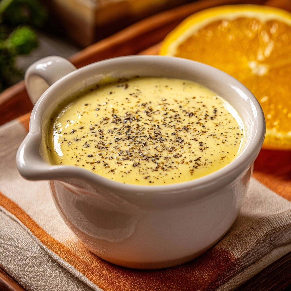Orangen Pfeffer Hollandaise Nahaufnahme 1 Orangen-Pfeffer-Hollandaise in einer Schüssel aus nächster Nähe. Der cremige Sauce-Ansatz ist mit frisch gemahlenem Pfeffer bestreut.