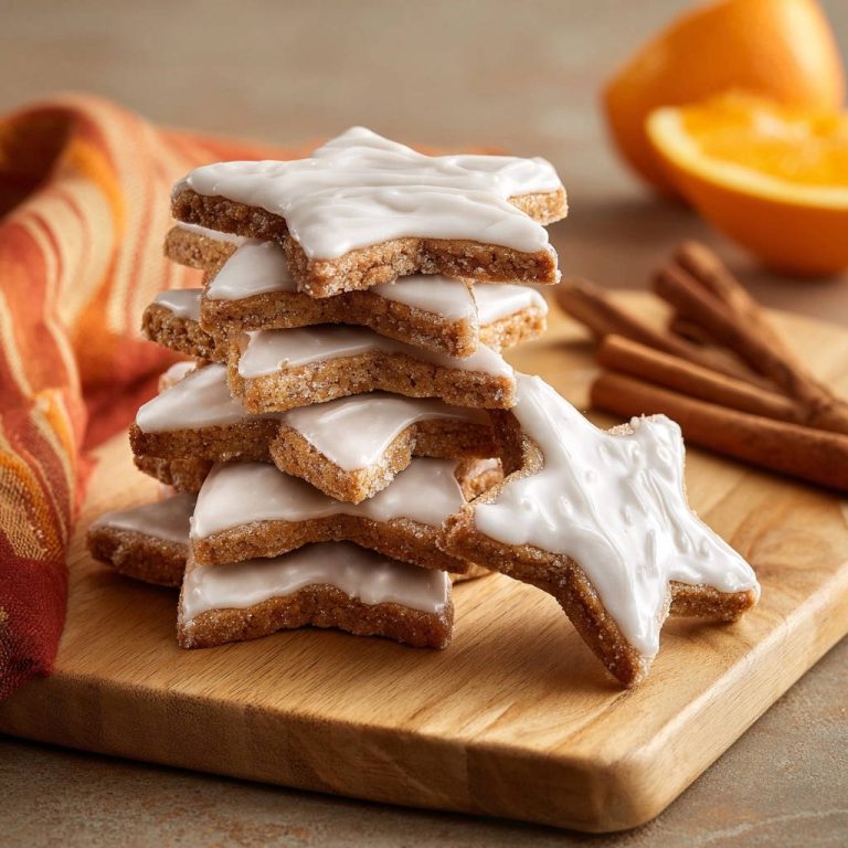 Orangen-Zimtsterne in Nahaufnahme mit weißer Glasur auf einem Holzbrett gestapelt. Die Zimtsterne sind mit glänzendem Zuckerguss verziert.