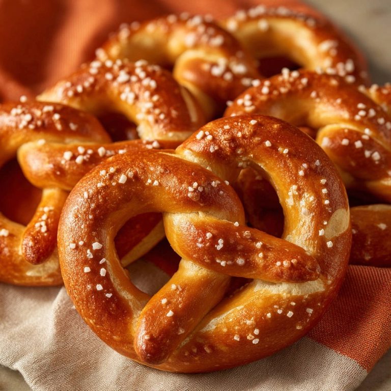 Original Laugenbrezeln sind in Nahaufnahme zu sehen, mit grobem Salz bestreut und mit perfekter Bräune. Die knusprige Textur lädt zum Genießen ein.
