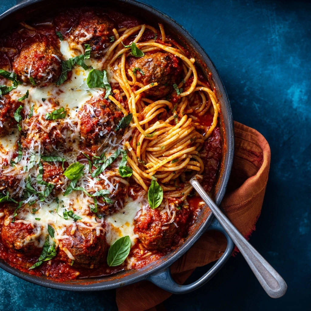Pfannen-Spaghetti mit saftigen Hackbällchen und Käse, von oben fotografiert, mit frischem Basilikum garniert und mit Käse bedeckt.