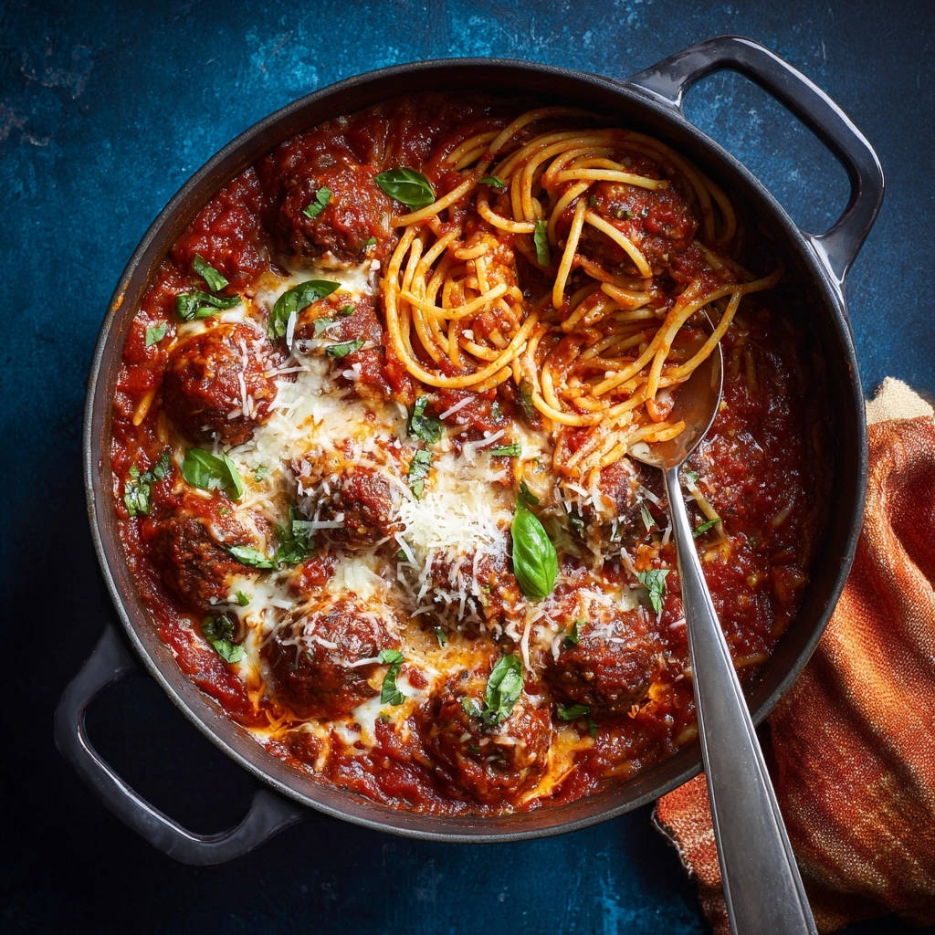 Pfannen Spaghetti Mit Hackballchen Draufsicht 1 Pfannen-Spaghetti mit saftigen Hackbällchen und Käse in einer Pfanne, serviert mit frischem Basilikum und geriebenem Käse von oben.