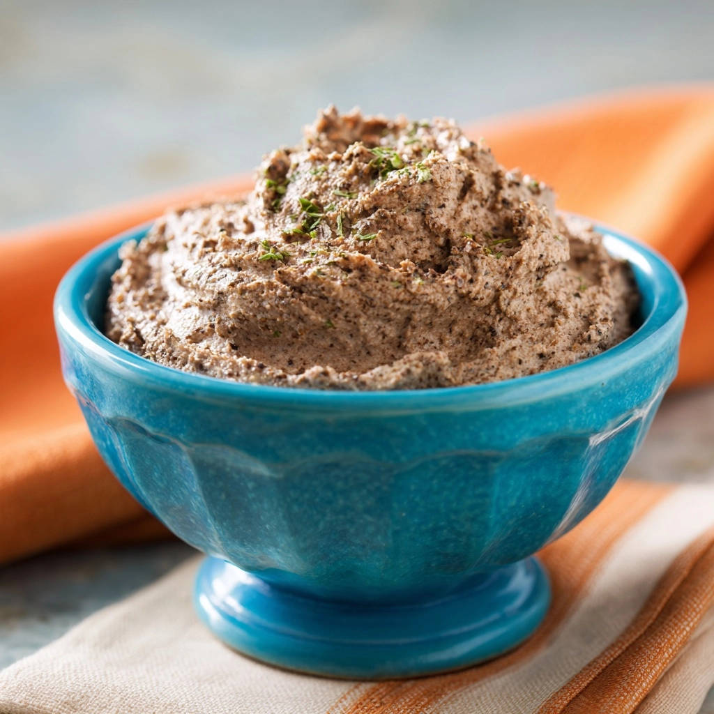 Pilz-Pâté in einer blauen Schüssel serviert, mit frischen Kräutern garniert und eine unwiderstehlich cremige Textur aufweisend.