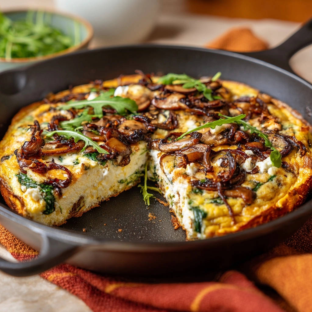 Pilz Spinat Frittata Mit Feta Querschnitt 1 Pilz-Spinat-Frittata mit Feta, serviert in der Pfanne, zeigt einen appetitlichen Querschnitt mit cremiger Füllung und frischen Zutaten.