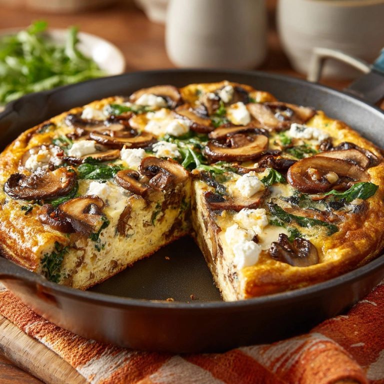 Pilz-Spinat-Frittata mit Feta, angeschnitten, zeigt einen saftigen Querschnitt mit Pilzen, Spinat und cremigem Feta-Käse. Diese Frittata ist perfekt für ein leichtes Mittagessen.