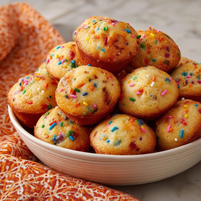 Regenbogen-Mini-Muffins, frisch gebacken und mit bunten Streuseln bedeckt, werden in einer cremefarbenen Schüssel serviert. Eine Nahaufnahme.