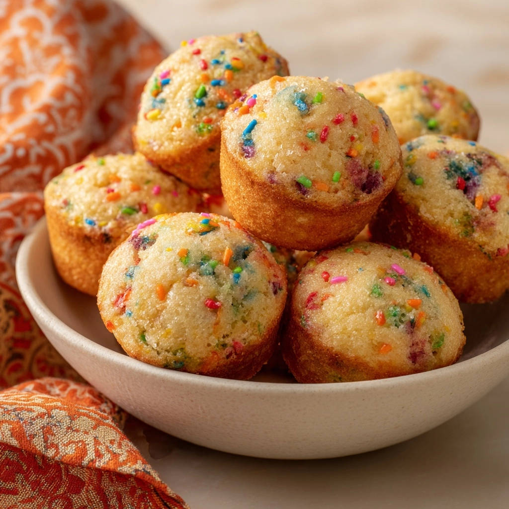 Regenbogen Mini Muffins Im Teller 1 Regenbogen-Mini-Muffins, frisch gebacken und mit bunten Streuseln verziert, werden in einer cremefarbenen Schüssel serviert.