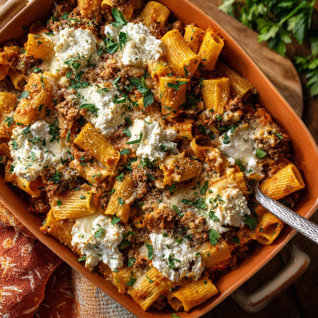Rigatoni Al Forno Mit Herzhaftem Ragu Draufsicht 1 Rigatoni al Forno mit herzhaftem Ragu, in einer Auflaufform zubereitet, zeigt einen köstlichen Blick von oben auf das Gericht.