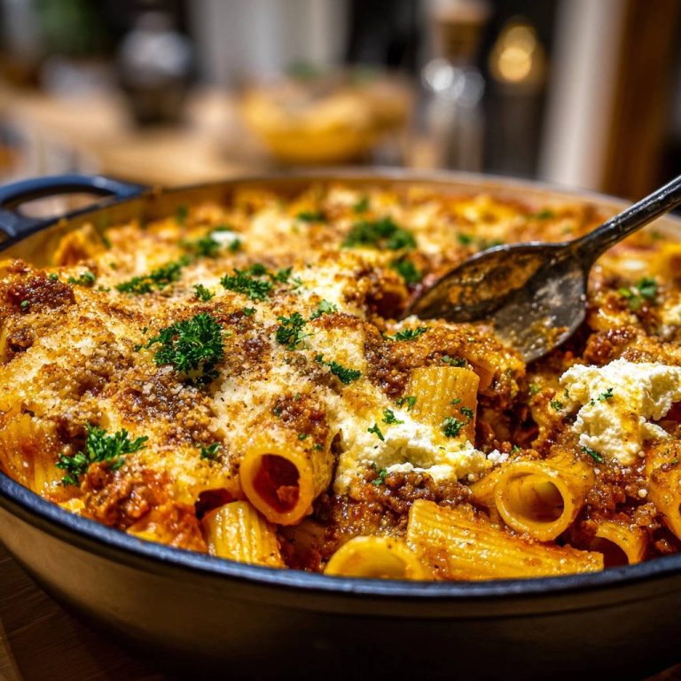 Rigatoni al Forno mit herzhaftem Ragu, serviert in einer Pfanne, zeigt die reichhaltige Textur des gebackenen Pasta-Gerichts.