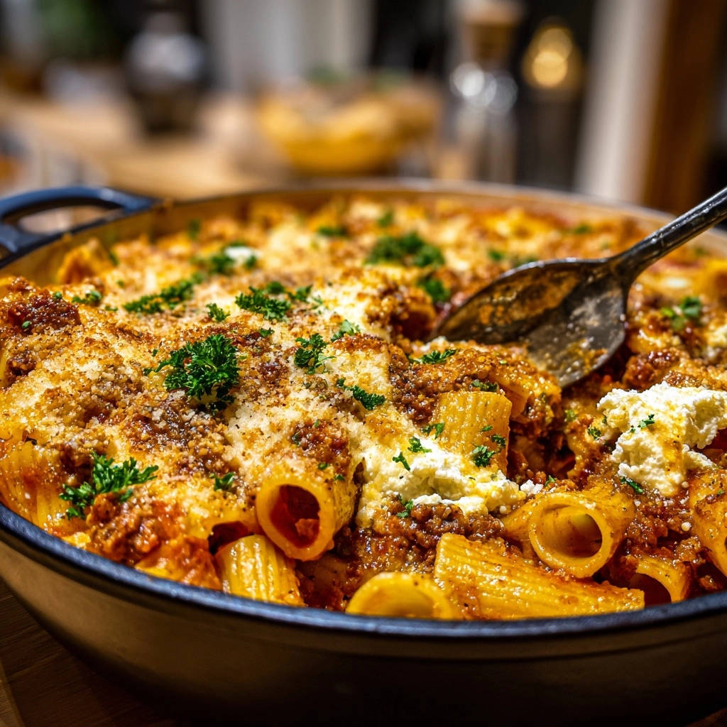 Rigatoni al Forno mit herzhaftem Ragu, serviert in einer Pfanne, zeigt die reichhaltige Textur des gebackenen Pasta-Gerichts.