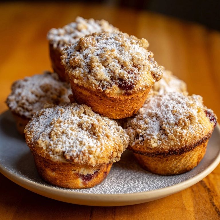Saftige Beeren-Streusel-Muffins gestapelt auf einem Teller, mit Puderzucker bestäubt, bereit zum Genießen. Die goldbraune Kruste sieht köstlich aus.