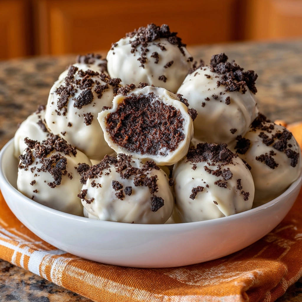 Saftige Cookies And Cream Truffel Querschnitt 1 Saftige Cookies-&-Cream-Trüffel mit einem angeschnittenen Trüffel, der die cremige Schokoladenfüllung zeigt.