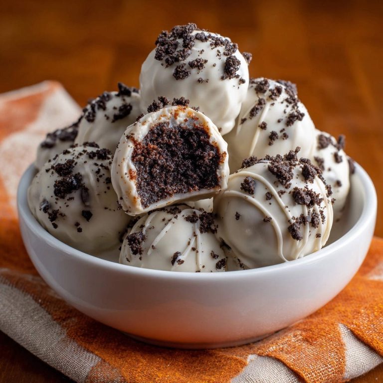 Saftige Cookies-&-Cream-Trüffel mit einem angeschnittenen Trüffel, der das saftige Innere und die cremige Hülle zeigt.