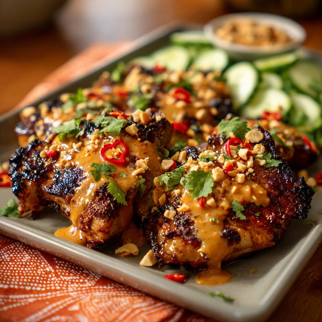 Saftige Erdnuss Huhn Oberkeulen Draufsicht Serviert 1 Saftige Erdnuss-Hähnchen-Oberkeulen, serviert auf einem Tablett, garniert mit Erdnüssen, Chili und frischem Koriander. Das Gericht ist perfekt gebräunt.