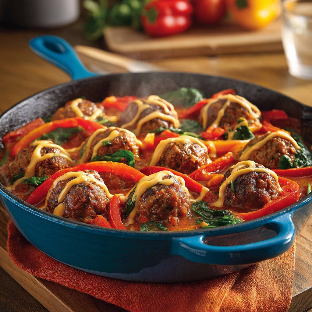 Saftige Hackbaellchen Pfanne Mit Paprika Draufsicht 1 Saftige Hackbällchen-Pfanne mit Paprika und Spinat in einer blauen Pfanne, serviert mit Paprika, Spinat und geschmolzenem Käse von oben.