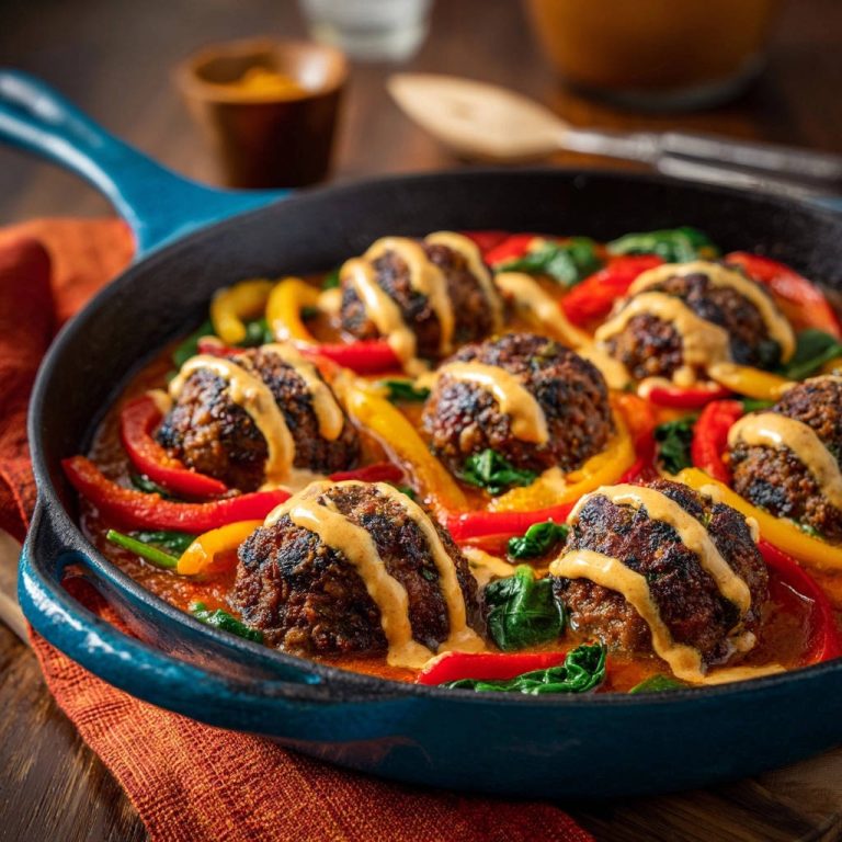 Saftige Hackbällchen-Pfanne mit Paprika und Spinat in einer gusseisernen Pfanne, serviert mit cremiger Sauce und frischem Gemüse.