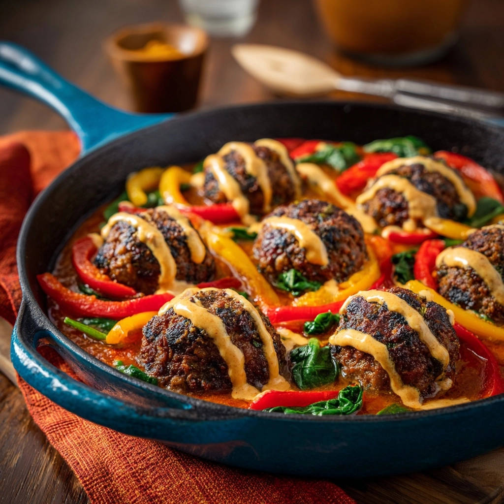 Saftige Hackbällchen-Pfanne mit Paprika und Spinat in einer gusseisernen Pfanne, serviert mit cremiger Sauce und frischem Gemüse.