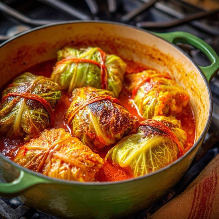 Saftige Krautwickel in Tomatensoße in einer Nahaufnahme, die die zarten, gefüllten Kohlrouladen in ihrer Soße zeigt.