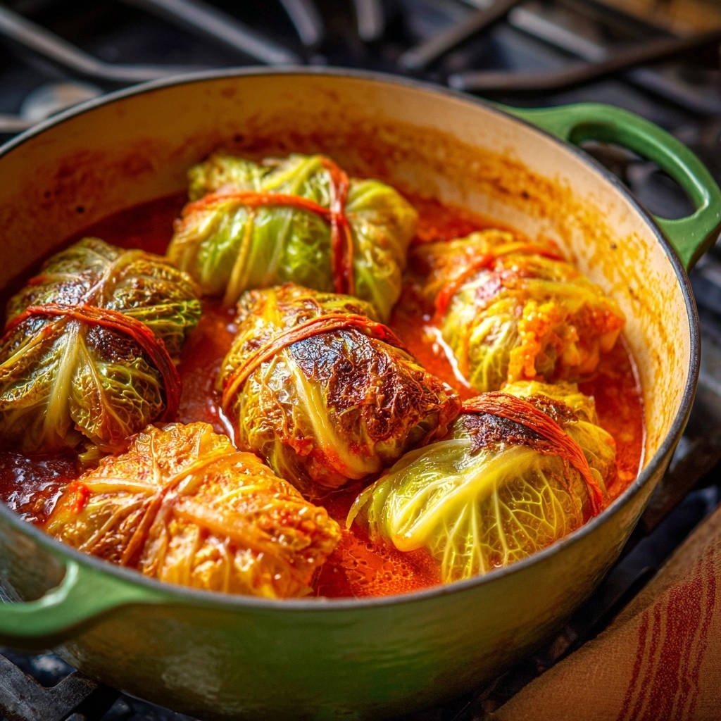 Saftige Krautwickel in Tomatensoße in einer Nahaufnahme, die die zarten, gefüllten Kohlrouladen in ihrer Soße zeigt.