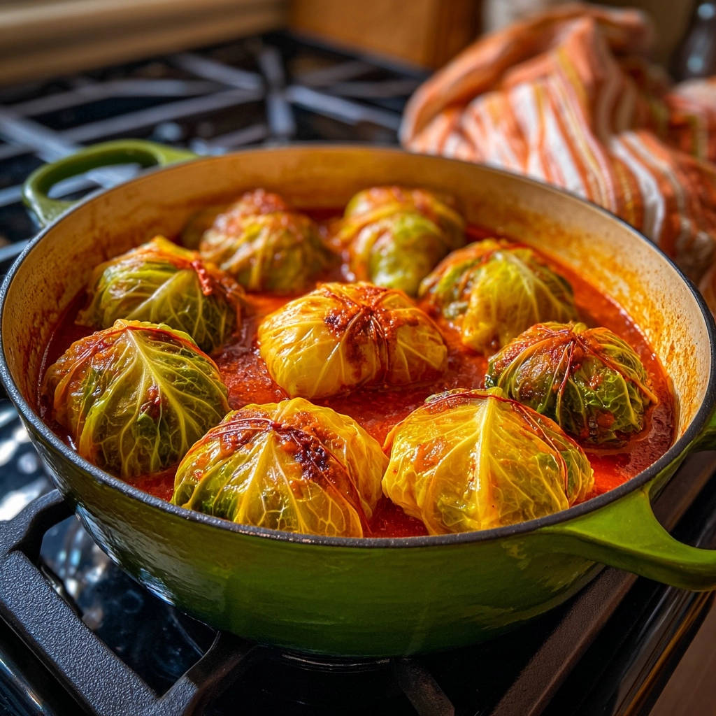 Saftige Krautwickel In Tomatenso E Draufsicht 1 Saftige Krautwickel in Tomatensoße, serviert in einem Topf, mit dem Fokus auf die goldbraunen Krautwickel, die in der Soße schwimmen.