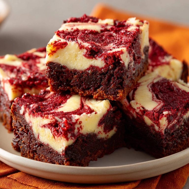 Saftige Red Velvet Cheesecake Brownies zeigen einen verlockenden Querschnitt, der die cremige Käsekuchenschicht und den roten Brownie-Teig offenbart.