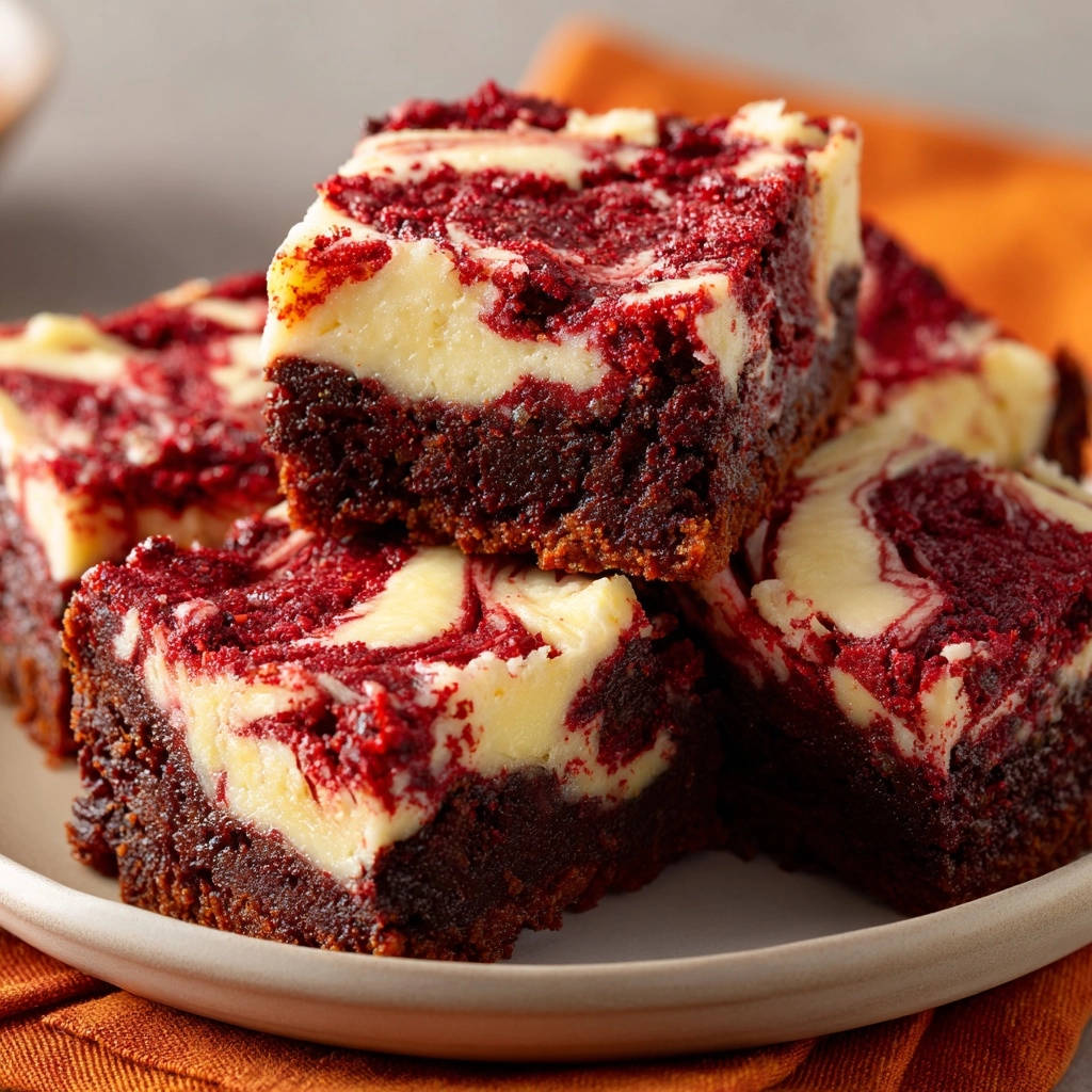 Saftige Red Velvet Cheesecake Brownies zeigen einen verlockenden Querschnitt, der die cremige Käsekuchenschicht und den roten Brownie-Teig offenbart.