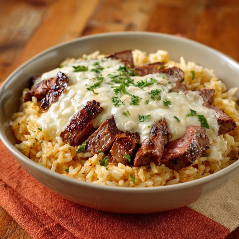 Saftige Steak-Reis-Bowl mit geschmolzenem Käse, serviert in einer Schüssel. Die Draufsicht zeigt zartes Steak, das auf Reis mit geschmolzenem Käse liegt.