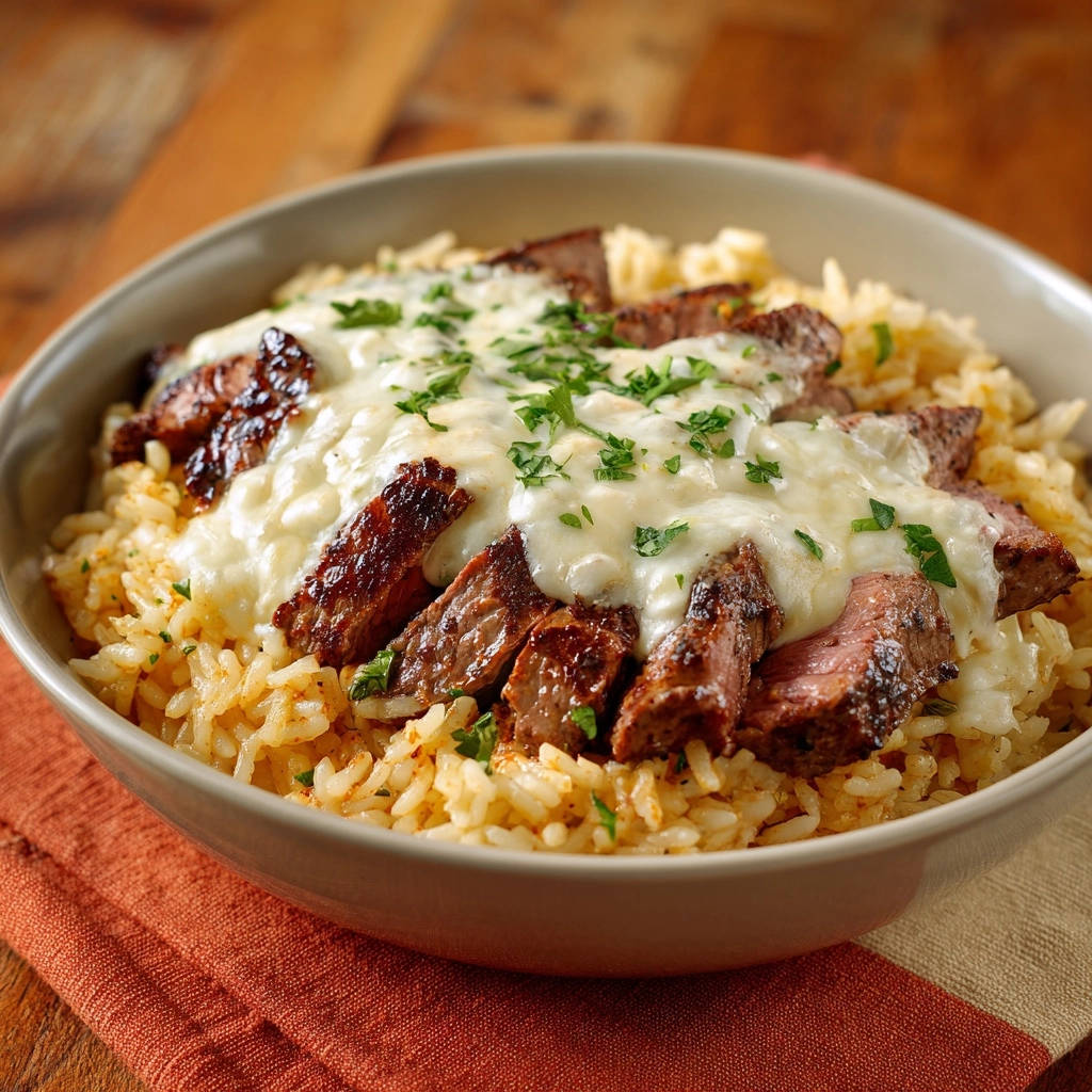 Saftige Steak-Reis-Bowl mit geschmolzenem Käse, serviert in einer Schüssel. Die Draufsicht zeigt zartes Steak, das auf Reis mit geschmolzenem Käse liegt.