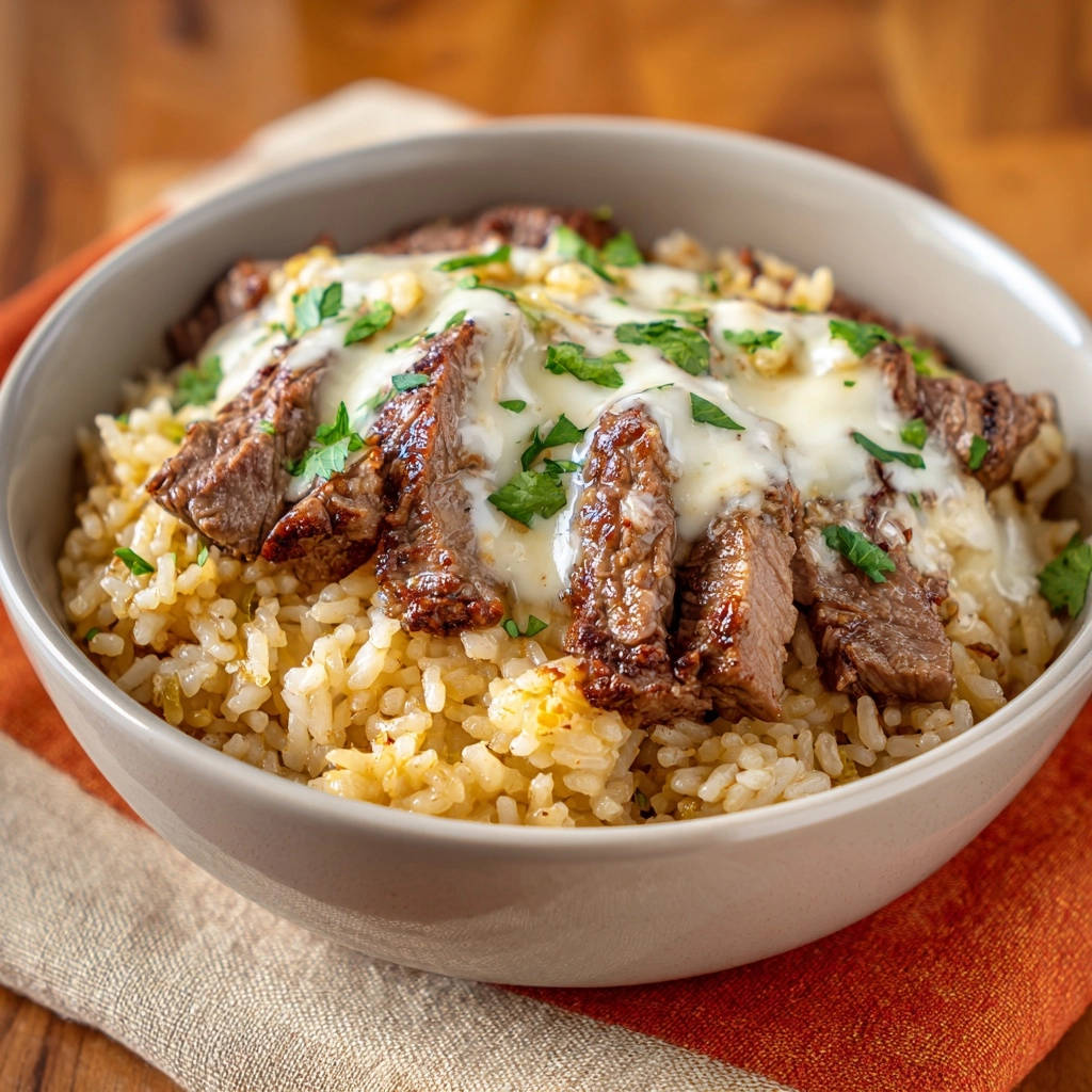 Saftige Steak Reis Bowl Mit Kaese Draufsicht 1 Saftige Steak-Reis-Bowl mit geschmolzenem Käse, serviert in einer Schüssel, mit frischer Petersilie garniert und von oben fotografiert.