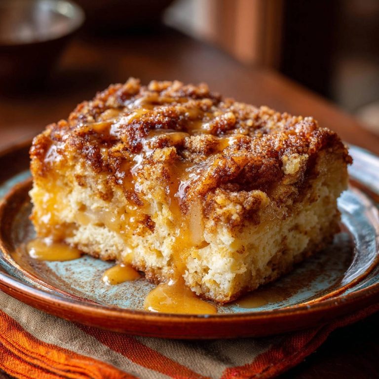 Saftiger Apfel-Streuselkuchen mit Karamell: Ein köstlicher Querschnitt zeigt die saftige Textur und das Karamell, das darüber träufelt.