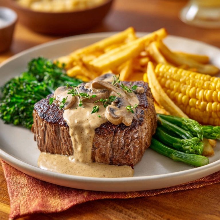 Saftiges Filetsteak mit cremiger Pilzrahmsoße serviert auf einem Teller, dazu knusprige Pommes, Mais und Brokkoli. Ein köstliches Gericht für Feinschmecker.