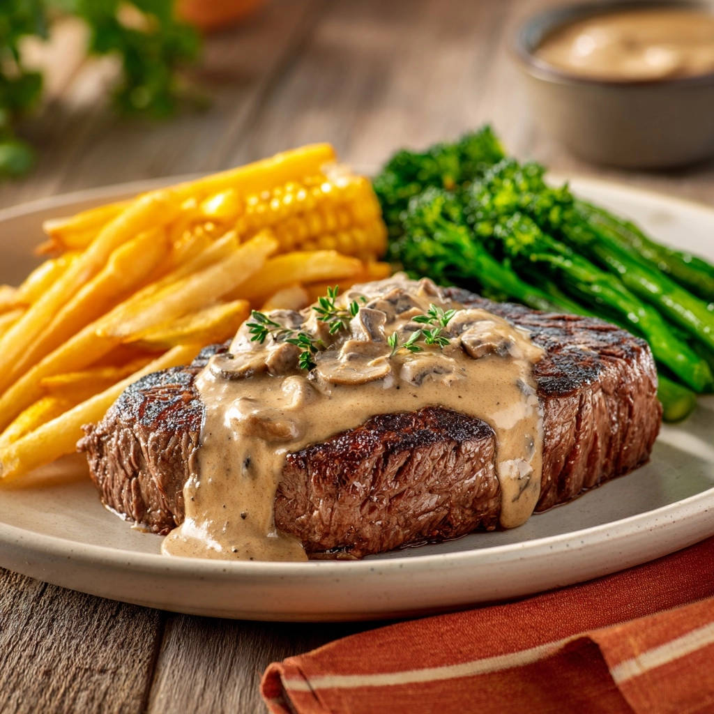 Saftiges Filetsteak Pilzrahm Pommes Serviert 1 Saftiges Filetsteak mit cremiger Pilzrahmsoße, knusprigen Pommes und Gemüse, serviert auf einem Teller, appetitlich angerichtet.