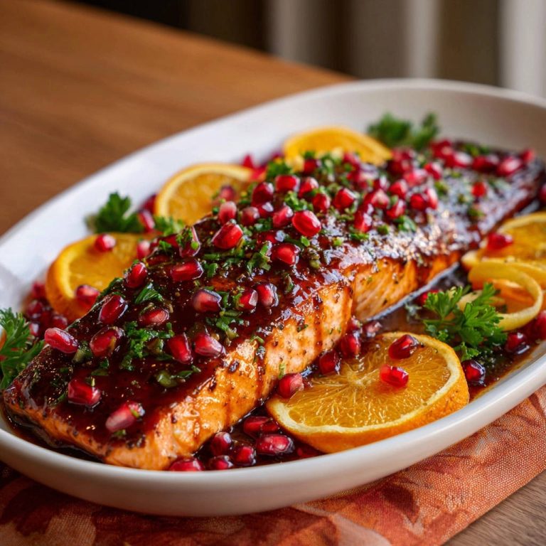 Saftiges Lachsfilet mit Granatapfel-Orangen-Glasur, serviert auf einem weißen Teller, von oben fotografiert und mit Granatapfelkernen dekoriert.
